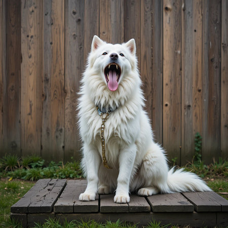 White Samoyed dog sitting on a wooden bench in the gardenの素材