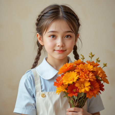 Portrait of a cute little girl with a bouquet of flowersの素材