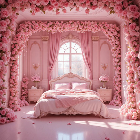 Luxurious pink interior of the bedroom with a large window, a large bed and pink flowers. 3d renderの素材