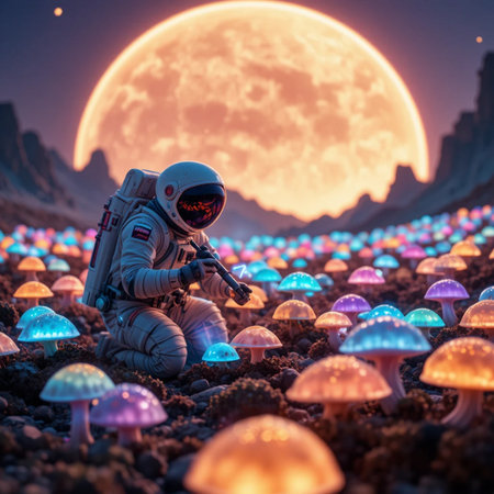 Astronaut on the background of the full moon. 3D rendering.の素材