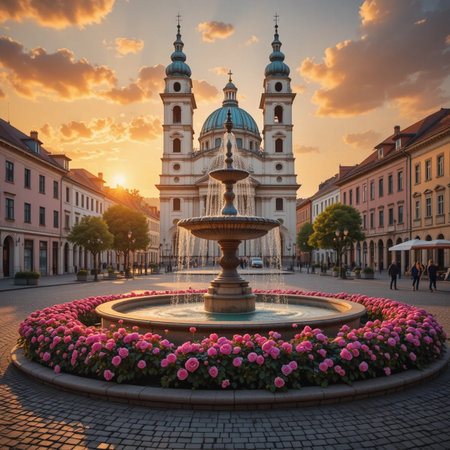 St. Mary's Basilica and fountain in Zagreb, Croatiaの素材