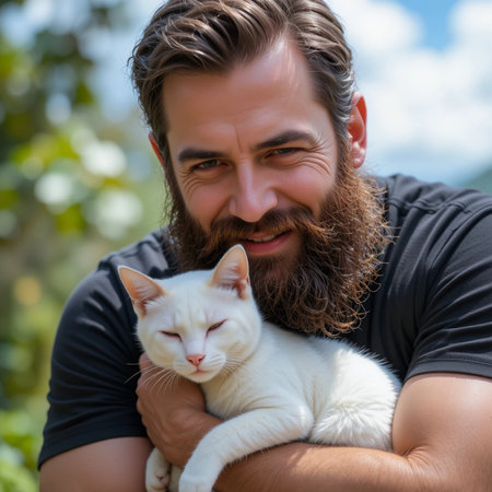 Handsome bearded man with a white cat in his arms.の素材