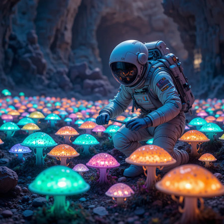 Astronaut in the middle of the mushroom field. 3D rendering.の素材