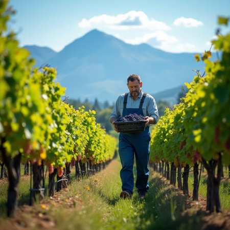 Portrait of mature winemaker standing in vineyard with ripe grapesの素材