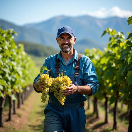 Portrait of happy winemaker with bunch of grapes in vineyardの素材