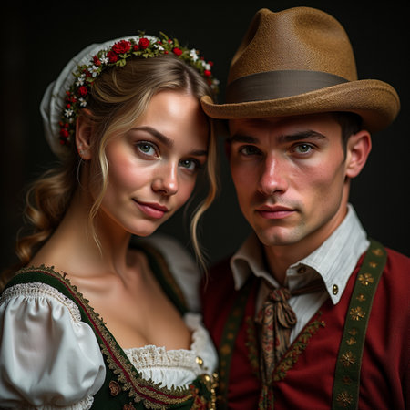 Portrait of a young couple in traditional Bavarian clothes posing on a dark background.の素材