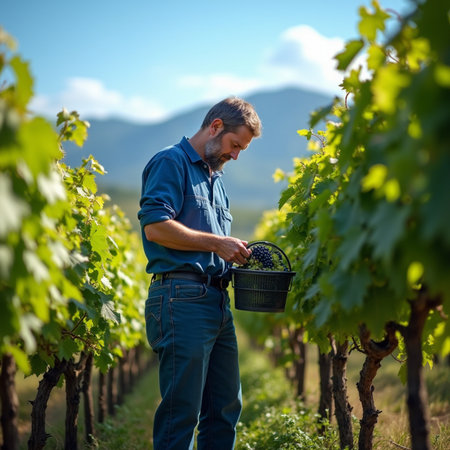 Portrait of mature man harvesting grapes in vineyard on sunny dayの素材