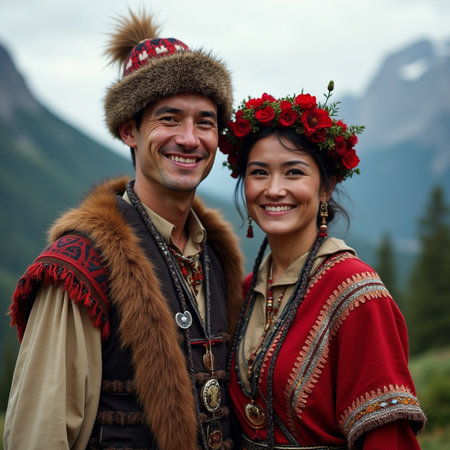 Portrait of a young couple in the Altai mountains, Russiaの素材
