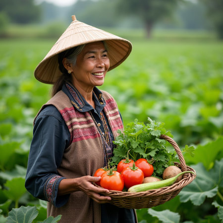 Asian woman holding a basket full of fresh vegetables in the field.の素材