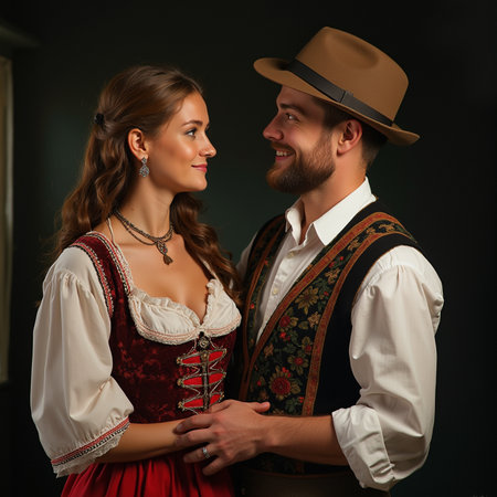 Young couple in traditional bavarian clothes posing on dark background.の素材