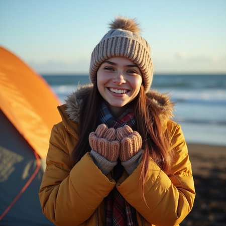 Portrait of a smiling young woman standing near tent at the beachの素材