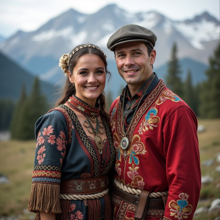 Portrait of a happy couple in traditional clothes in the mountains.の素材
