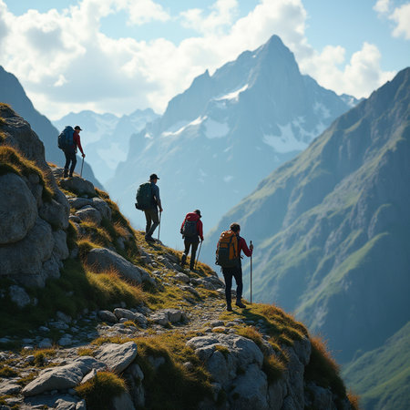 Hikers in the mountains. Sport and active life concept. Group of people hiking in the mountains.の素材
