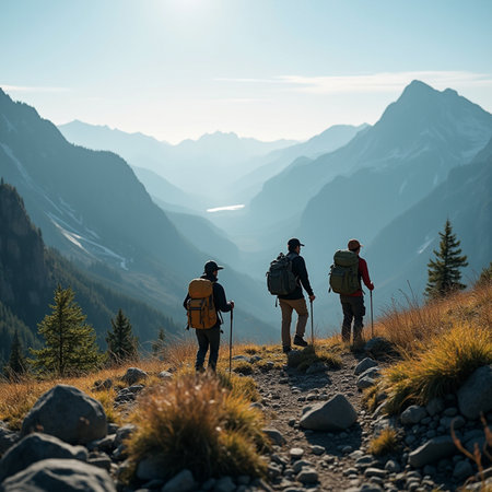 Hiking couple with backpacks and trekking poles on top of the mountainの素材