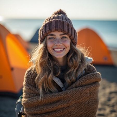 Portrait of smiling young woman standing near tent on beach at autumn dayの素材