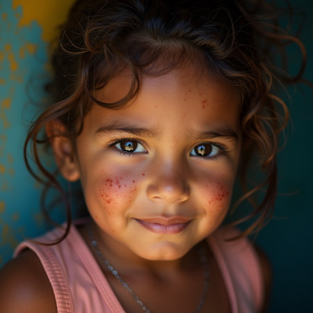 Portrait of a beautiful little girl with red spots on her faceの素材