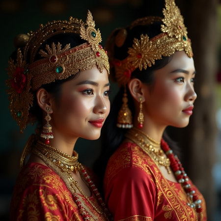 Portrait of two beautiful Asian women in traditional Thai costume. Thailand.の素材