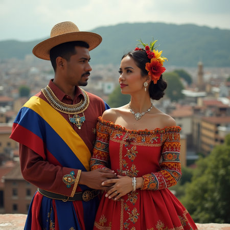 Beautiful young couple in traditional clothes on the roof of the old cityの素材