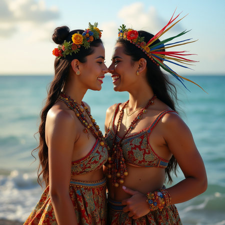 Two beautiful young women in Hawaiian clothes on the beach.の素材