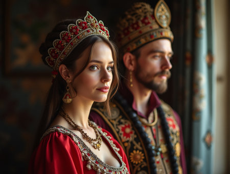 Portrait of a beautiful young couple in medieval style clothes. Retro style.の素材