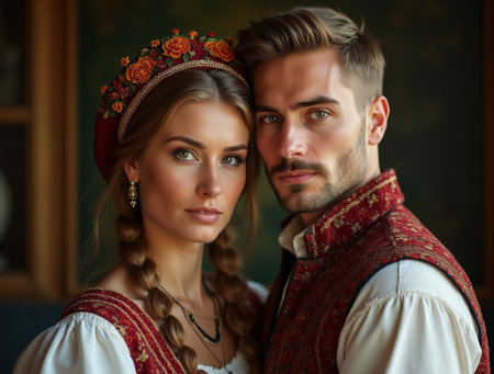 Portrait of a beautiful young couple in traditional Russian clothes.の素材