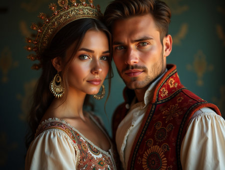 Portrait of a beautiful young couple in traditional Russian clothes.の素材