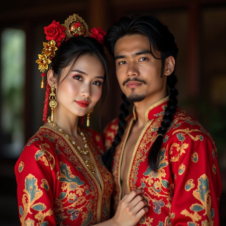 Portrait of Asian couple in traditional Chinese clothes. Asian peopleの素材