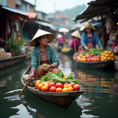 Thai woman selling fruits and vegetables at Damnoen Saduak floating market in Bangkok, Thailandの素材