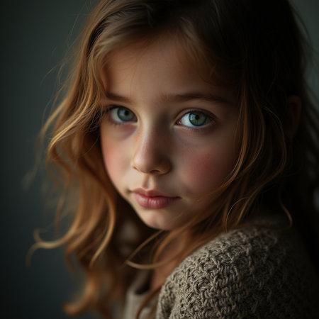 Portrait of a beautiful little girl with long hair in a sweaterの素材