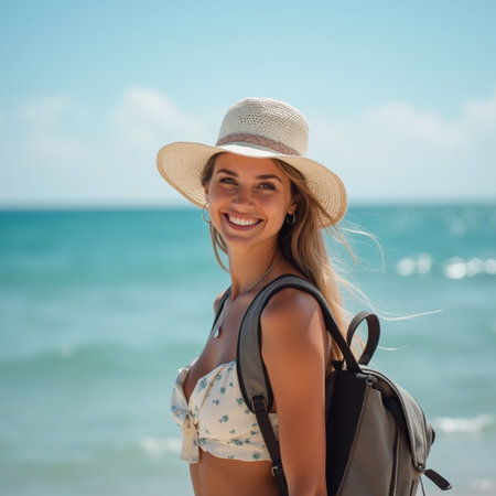 Happy young woman in hat and swimsuit with backpack on the beachの素材