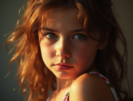 Portrait of a beautiful little girl with red hair and blue eyesの素材