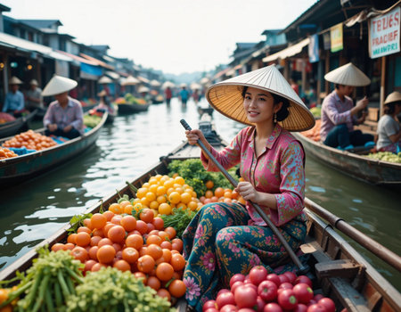 Unidentified Thai woman sell fruits at Damnoen Saduak floating market in Ratchaburi, Thailand.の素材