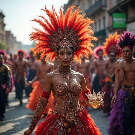 Unidentified Carnival dancer on the parade on Warsaw Multicultural Street Parade in Warsaw, Poland.の素材