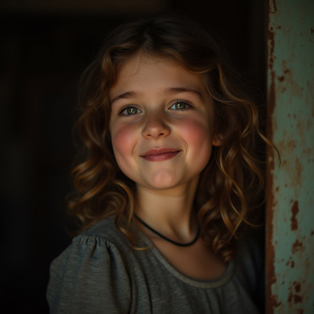 Portrait of a little girl with curly hair on a dark backgroundの素材