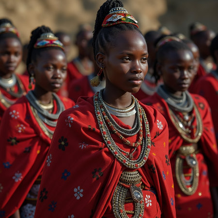 Unidentified Togolese women in red dress at the Lome fetish market. Togo people suffer from poverty due to the bad economyの素材