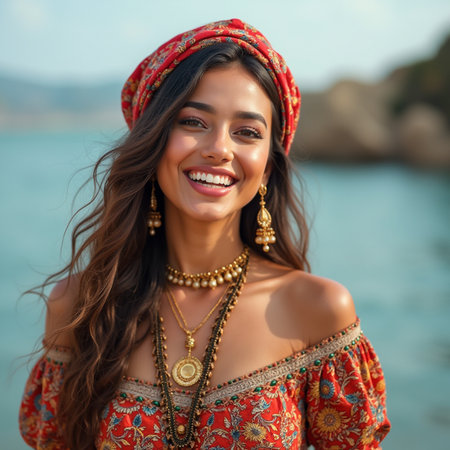Portrait of a beautiful young Indian woman smiling on the beachの素材