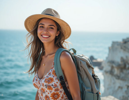 Portrait of a beautiful young woman in a hat with a backpack on the background of the sea.の素材
