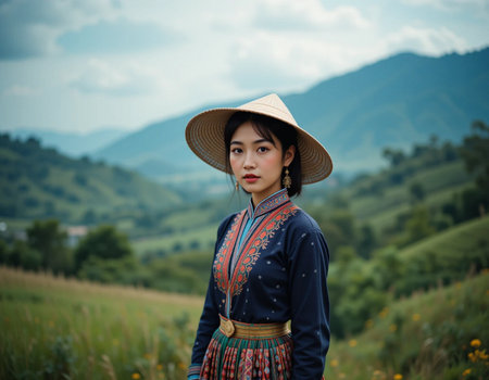Portrait of a beautiful Asian woman wearing traditional dress and straw hat at the rice fieldの素材