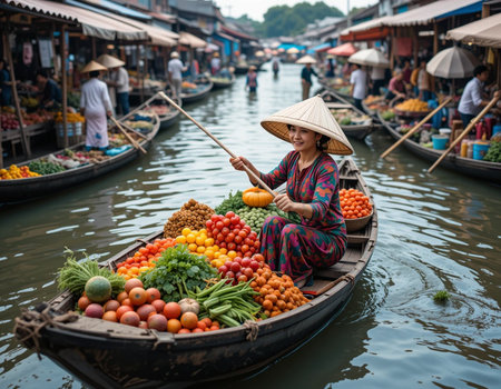 Vietnamese woman selling fruits and vegetables at a floating market in Vietnamの素材