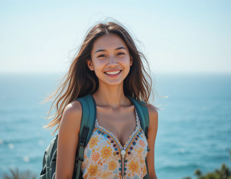 Portrait of a smiling young woman with backpack on the background of the seaの素材