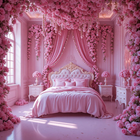 Luxury pink bedroom interior with pink flowers. 3d renderの素材