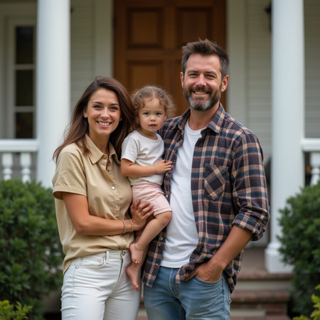 Portrait of a happy young family standing in front of their houseの素材
