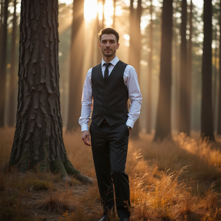 Handsome young elegant man in classic suit posing in autumn forestの素材