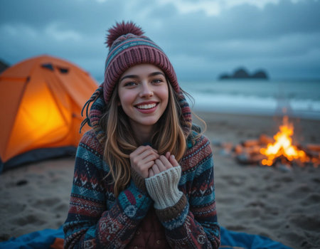 Beautiful young woman sitting near campfire on the beach at autumn dayの素材