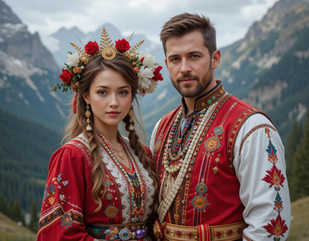 Beautiful young couple in Ukrainian national clothes posing in the mountains.の素材