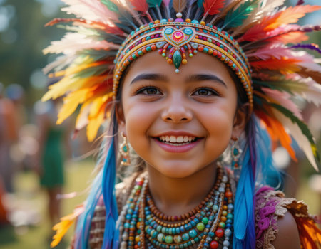 Portrait of a beautiful little Indian girl in a colorful headdressの素材