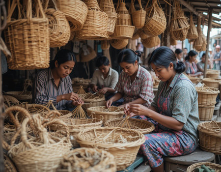 Vietnamese women making wicker baskets in a market in Vietnamの素材