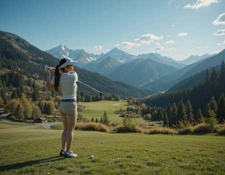 Female golfer standing on the green field and looking at the mountainsの素材