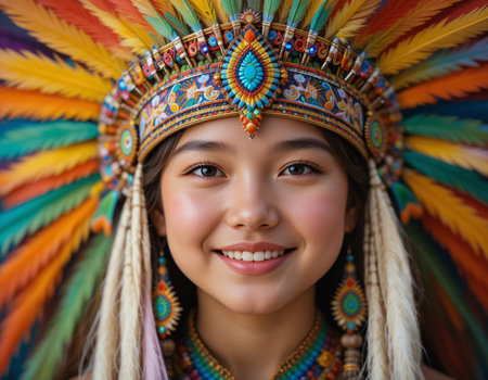 Portrait of beautiful Asian girl wearing Indian headdress with feathers.の素材