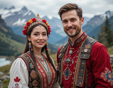 Beautiful young couple in traditional clothes on the background of the mountainsの素材